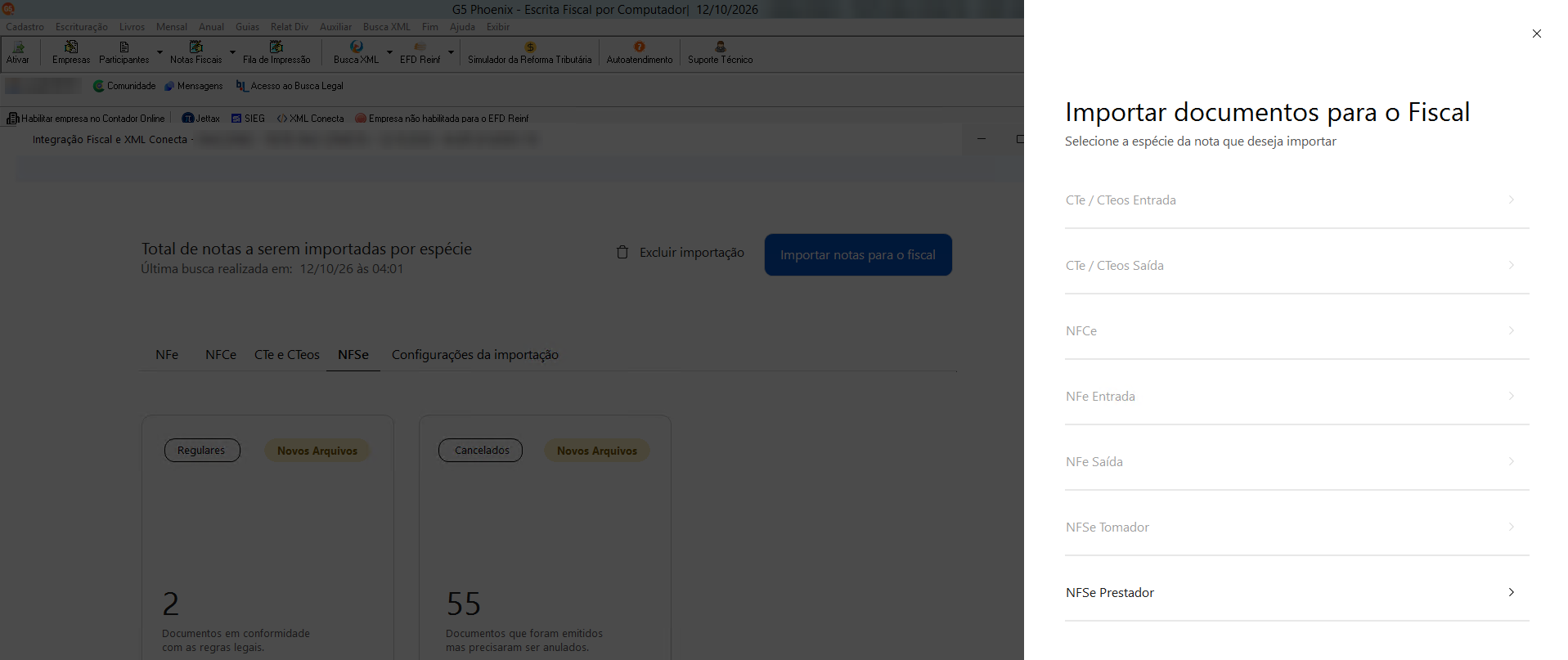 Menu lateral suspenso com opções para selecionar a espécie de nota a importar no sistema Fiscal.
