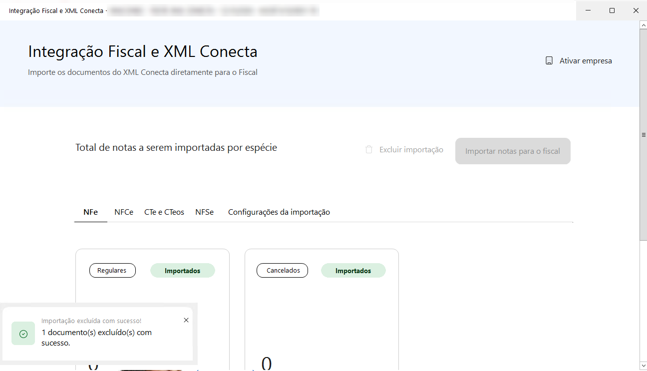 Notificação na tela confirmando que 1 documento foi excluído com sucesso do sistema.