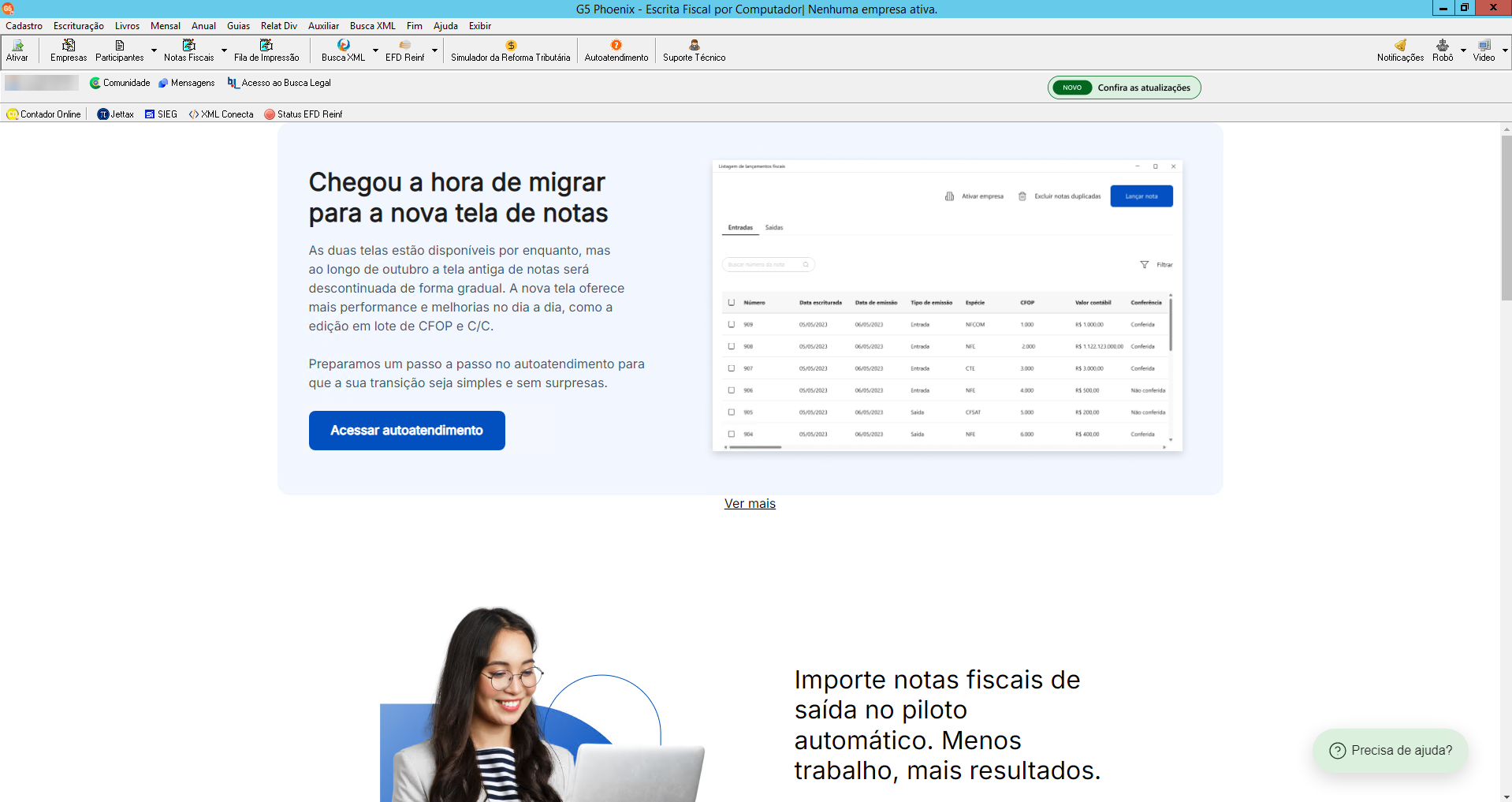 Interface do G5 Phoenix com aviso sobre a migração para a nova tela de notas fiscais e botão para o autoatendimento.
