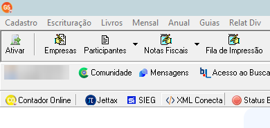 Menu superior do sistema G5 Phoenix destacando o ícone e botão do recurso XML Conecta.
