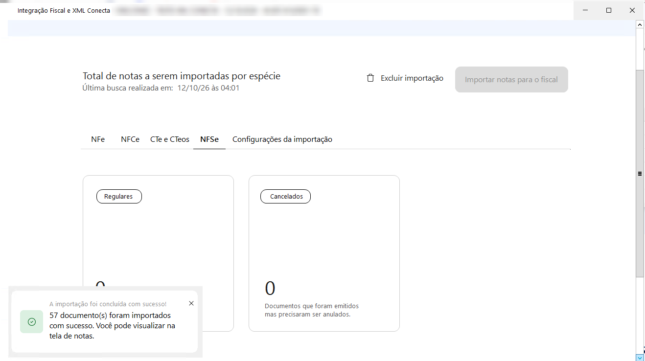 Mensagem de confirmação de importação concluída com sucesso para 57 documentos fiscais no sistema.