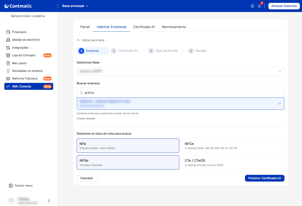 Tela do sistema Contmatic na aba "Habilitar Empresas", mostrando o formulário de busca de empresa e seleção de tipos de nota fiscal.