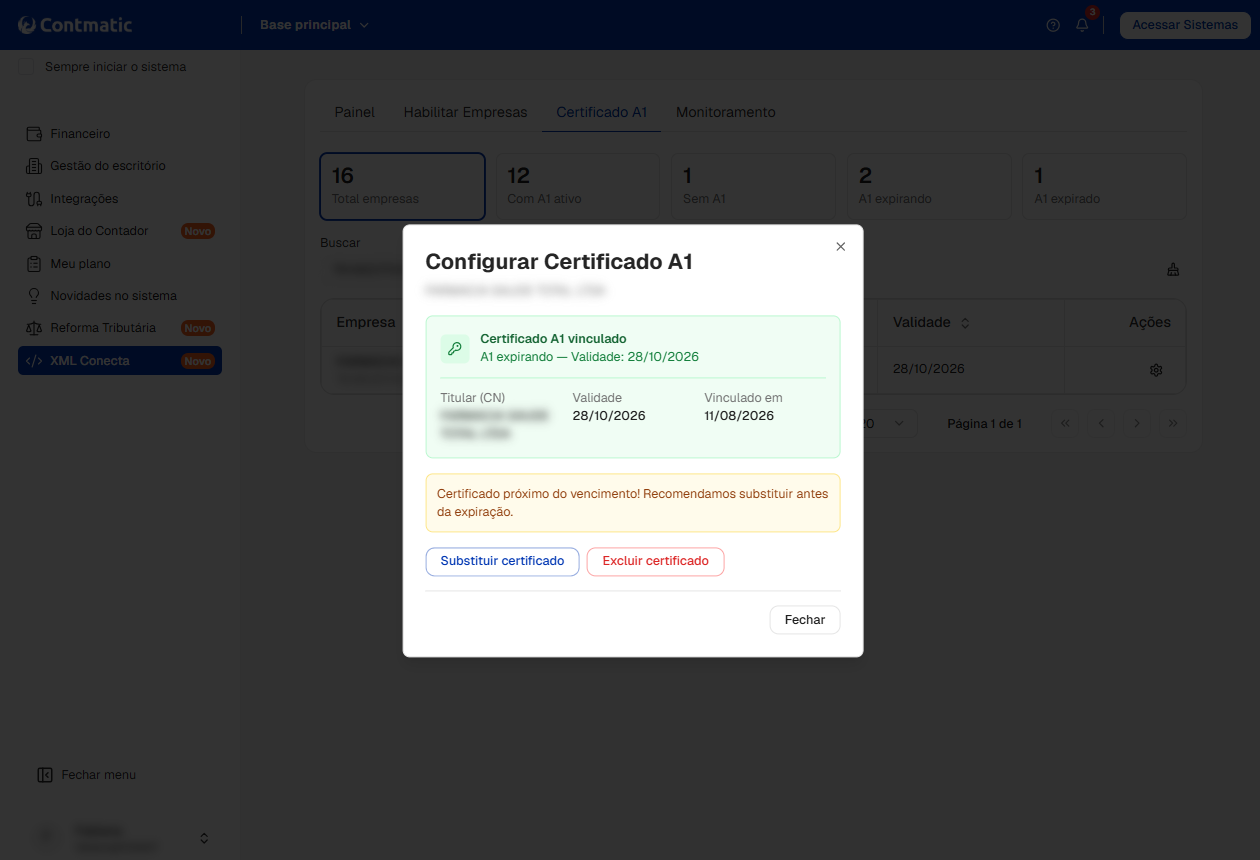 Janela sobreposta confirmando o Certificado A1 vinculado, informando titular, validade e botões para substituir ou excluir.