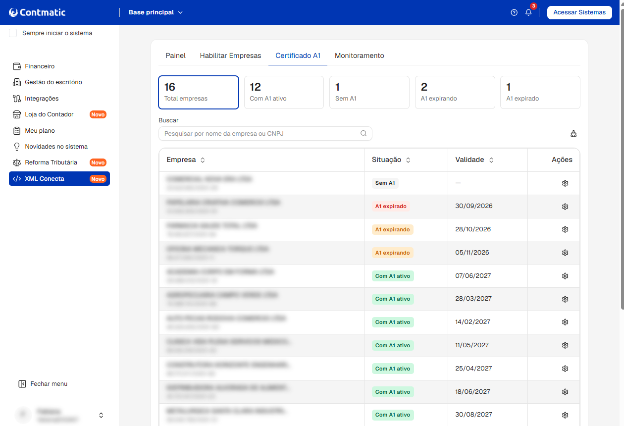 Interface do sistema Contmatic na aba Certificado A1, exibindo lista de empresas com o status da situação e validade de seus certificados.