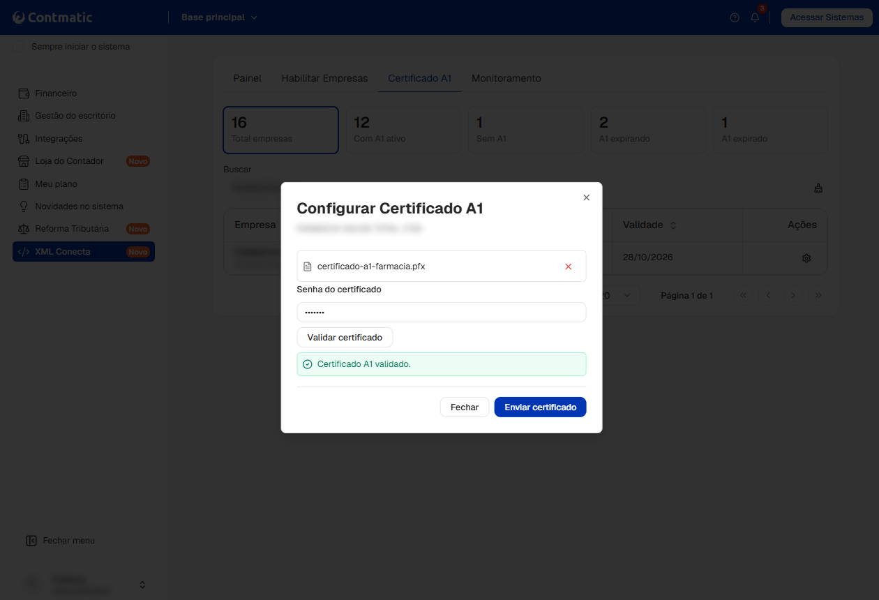 Janela sobreposta no sistema Contmatic para configurar Certificado A1, com campos para arquivo, senha e botão "Validar certificado".