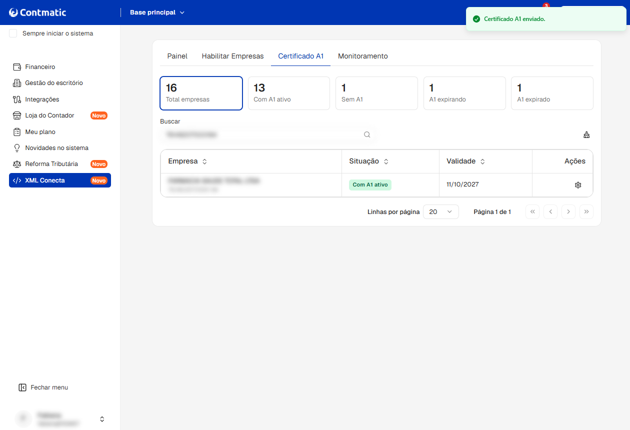 Interface da Contmatic exibindo notificação de sucesso "Certificado A1 enviado" e status atualizado para "Com A1 ativo".