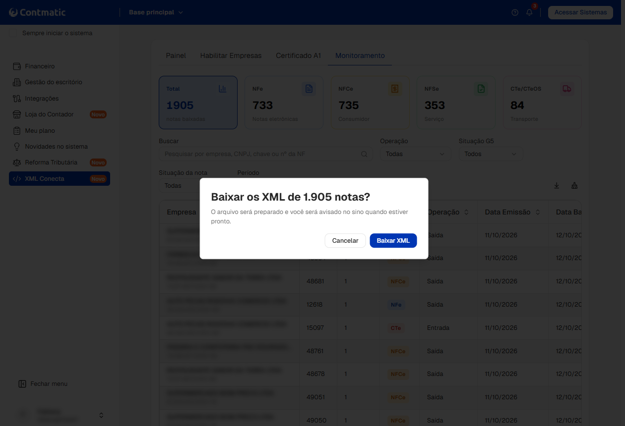 Modal de confirmação "Baixar os XML de 1.905 notas?" sobre a tela do sistema, com os botões Cancelar e Baixar XML.