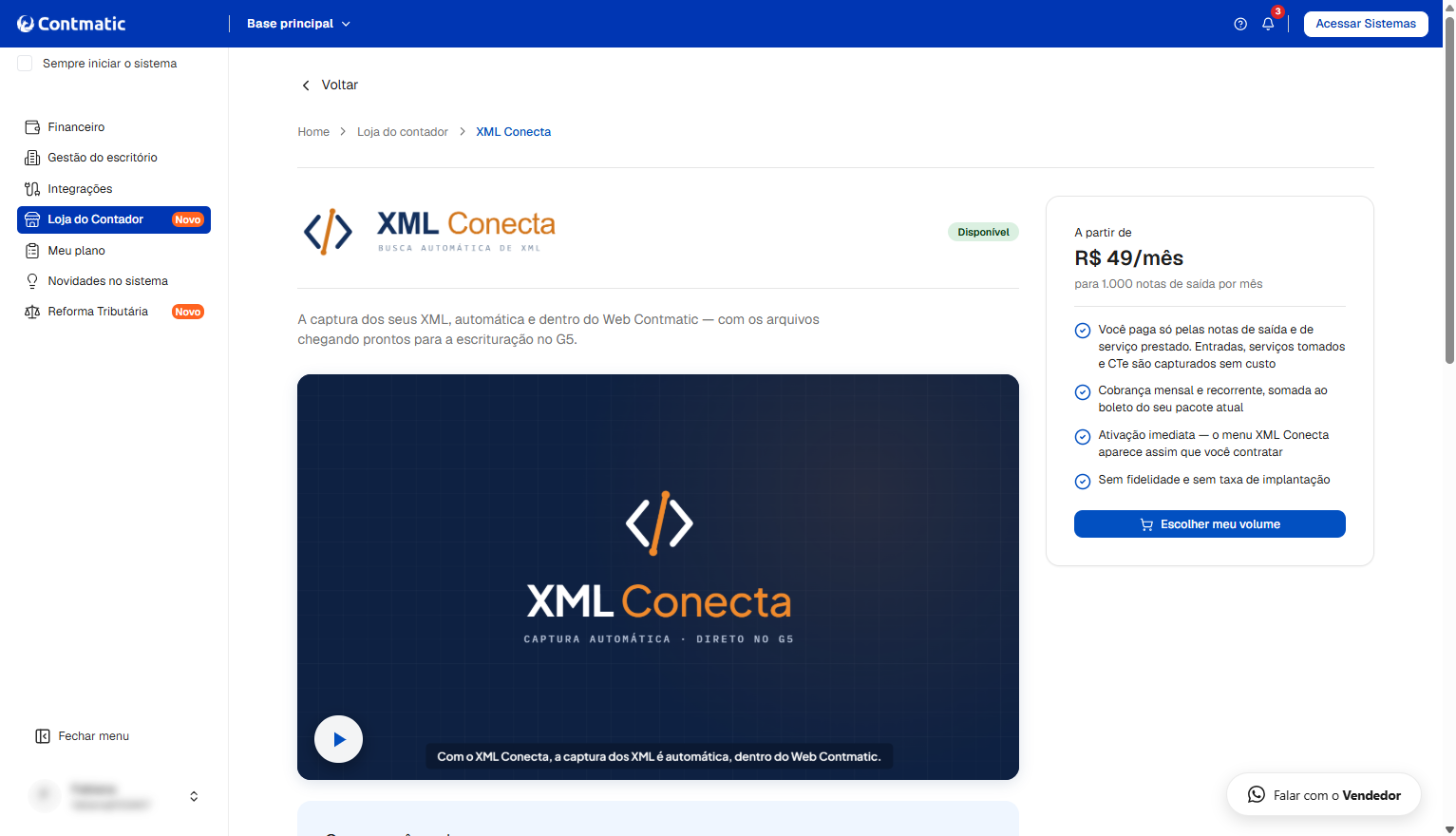 Página do XML Conecta na Loja do Contador da Contmatic detalhando funcionalidades e plano a partir de R$ 49/mês.