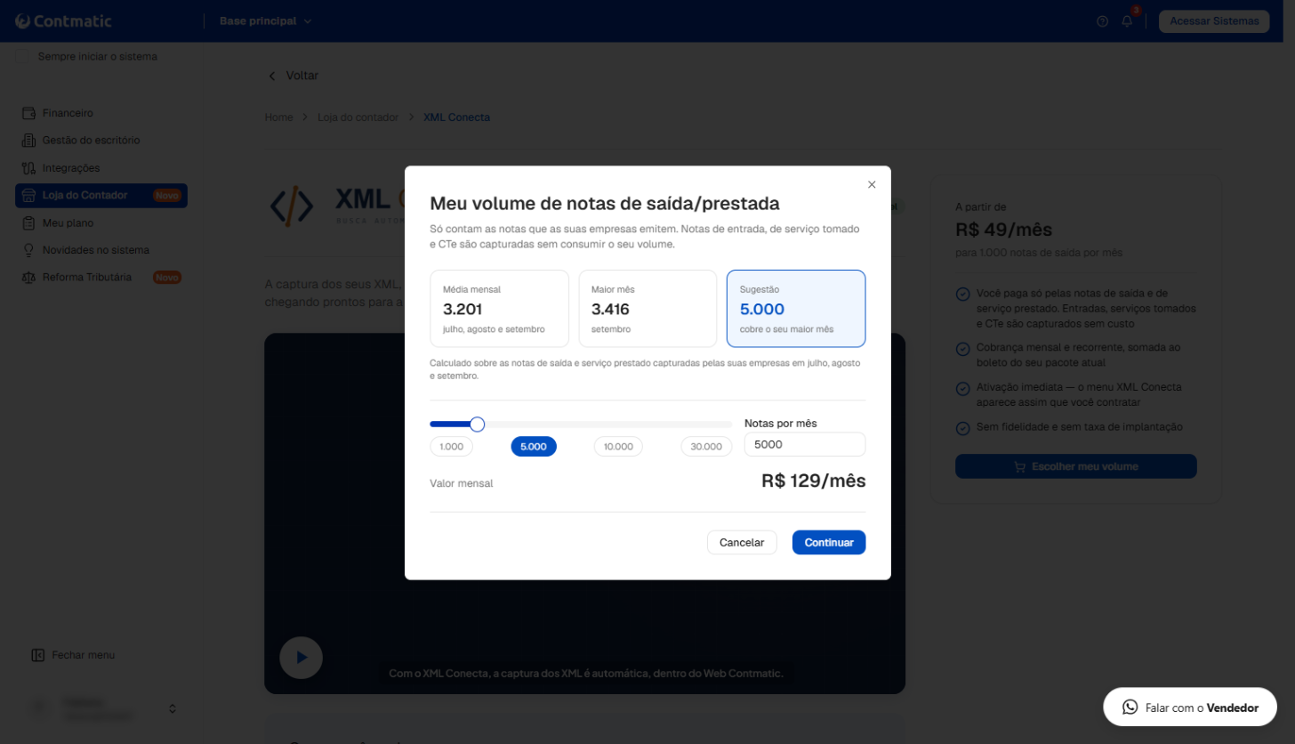 Janela no sistema Contmatic para seleção do volume mensal de notas, sugerindo o plano de 5.000 notas por R$ 129/mês.