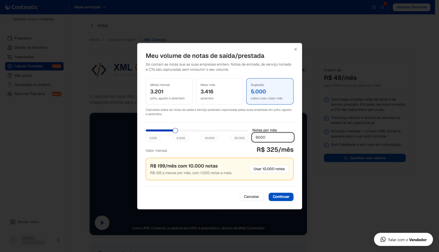 Seleção do volume de notas no XML Conecta ajustada para 9.000 notas por R$ 325/mês, com destaque para a oferta de 10.000 notas.