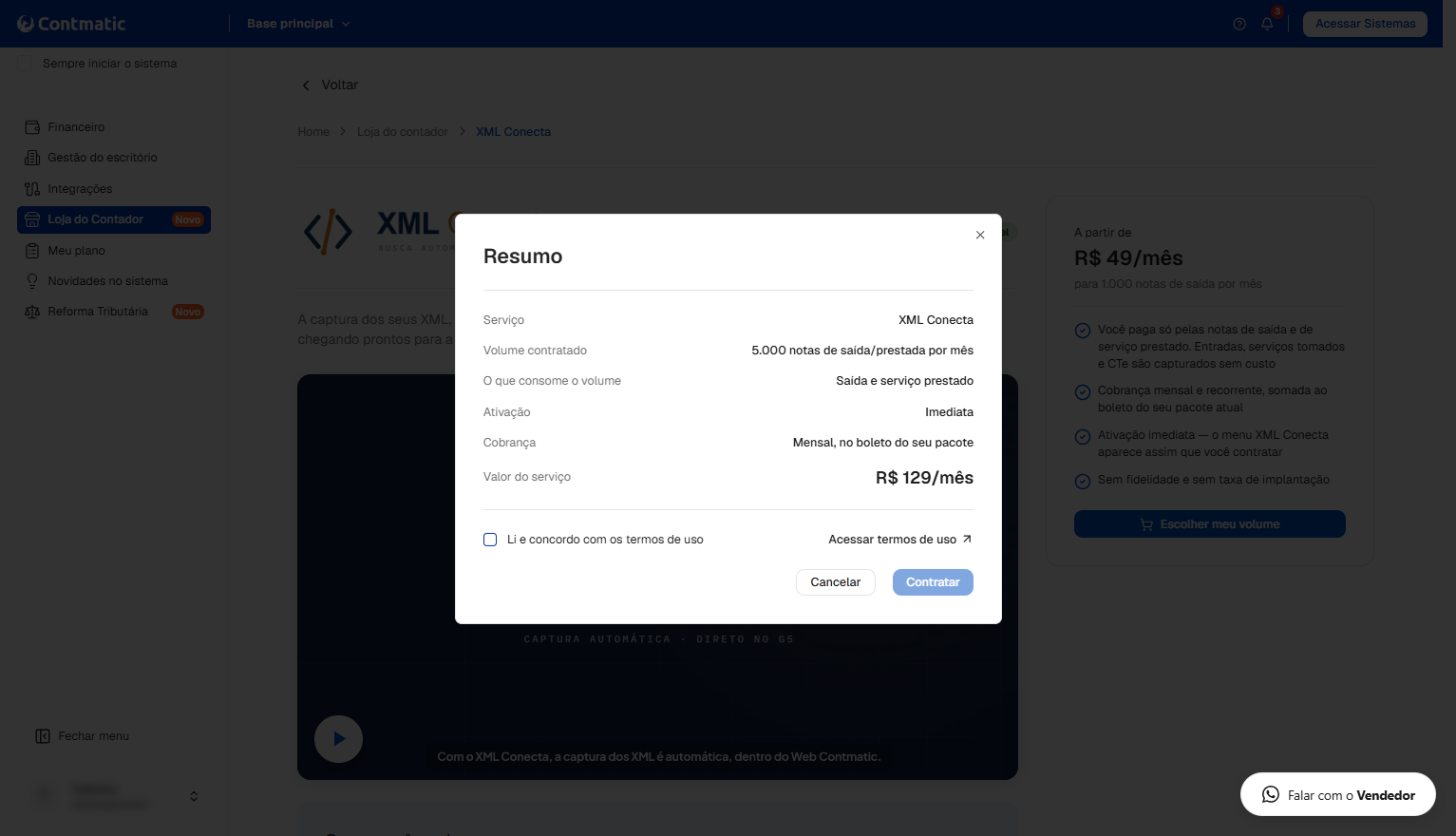 Resumo do pedido de contratação do XML Conecta para 5.000 notas/mês por R$ 129/mês antes de aceitar os termos.