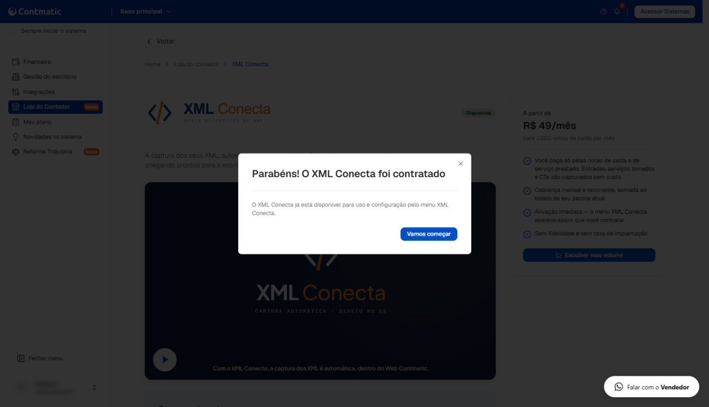 Mensagem de confirmação "Parabéns! O XML Conecta foi contratado" exibida na tela da plataforma Contmatic.
