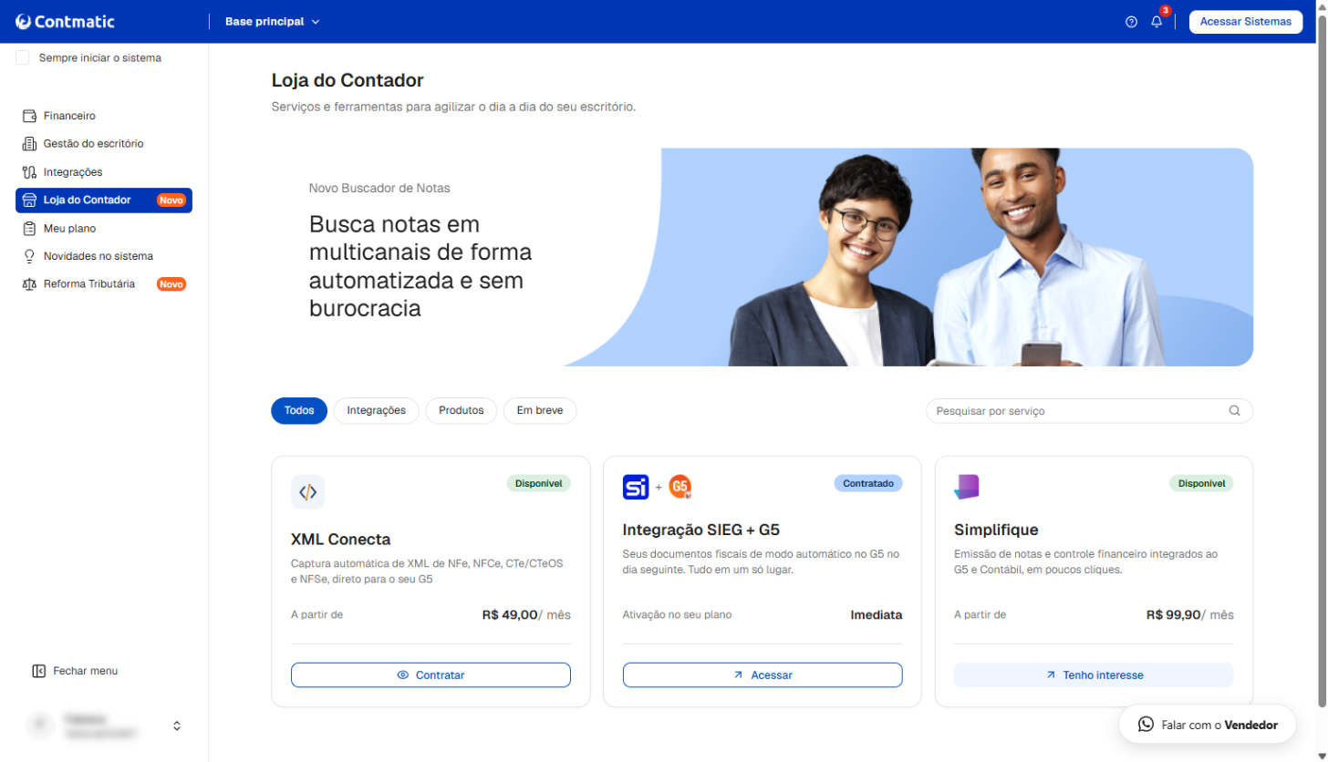 Tela do sistema Contmatic na Loja do Contador com opções de contratação de serviços como o XML Conecta.