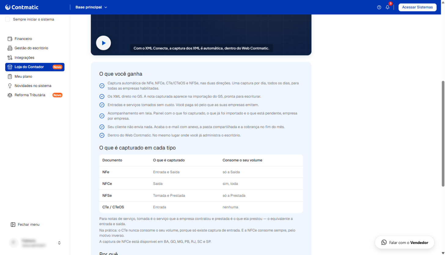 Descrição dos benefícios e tabela de documentos capturados (NFe, NFCe, NFSe, CTe) no XML Conecta da Contmatic.