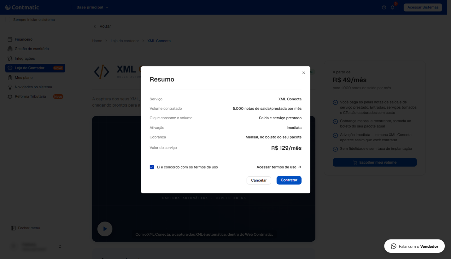 Resumo do pedido do XML Conecta com a caixa dos termos de uso marcada, pronta para confirmação de contratação.