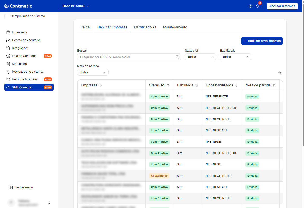 Tela do sistema Contmatic na aba Habilitar Empresas do XML Conecta, exibindo a tabela com empresas e botão Habilitar nova empresa.