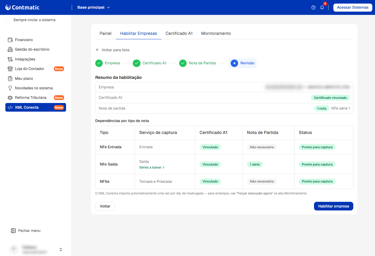 Passo 4 no Contmatic XML Conecta: tela de revisão com resumo da habilitação e tabela de dependências por tipo de nota.