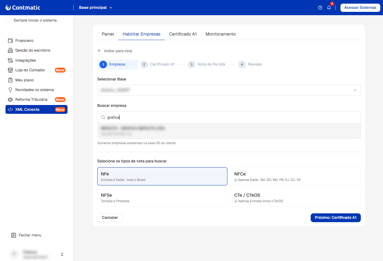 Passo 1 da habilitação no Contmatic XML Conecta: pesquisa da empresa e seleção dos tipos de notas fiscais desejados.