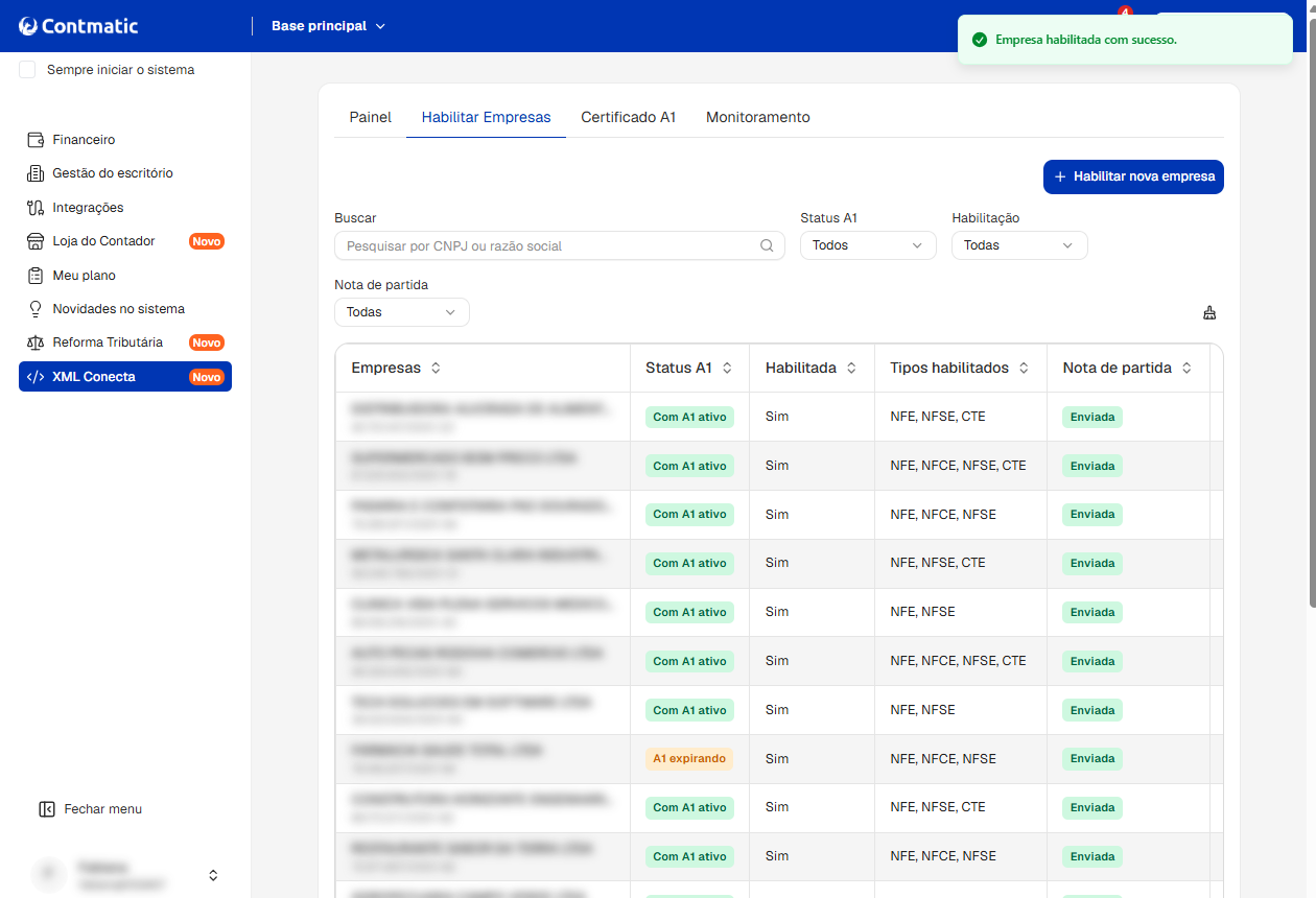 Tela inicial do XML Conecta no Contmatic exibindo notificação de confirmação: Empresa habilitada com sucesso.