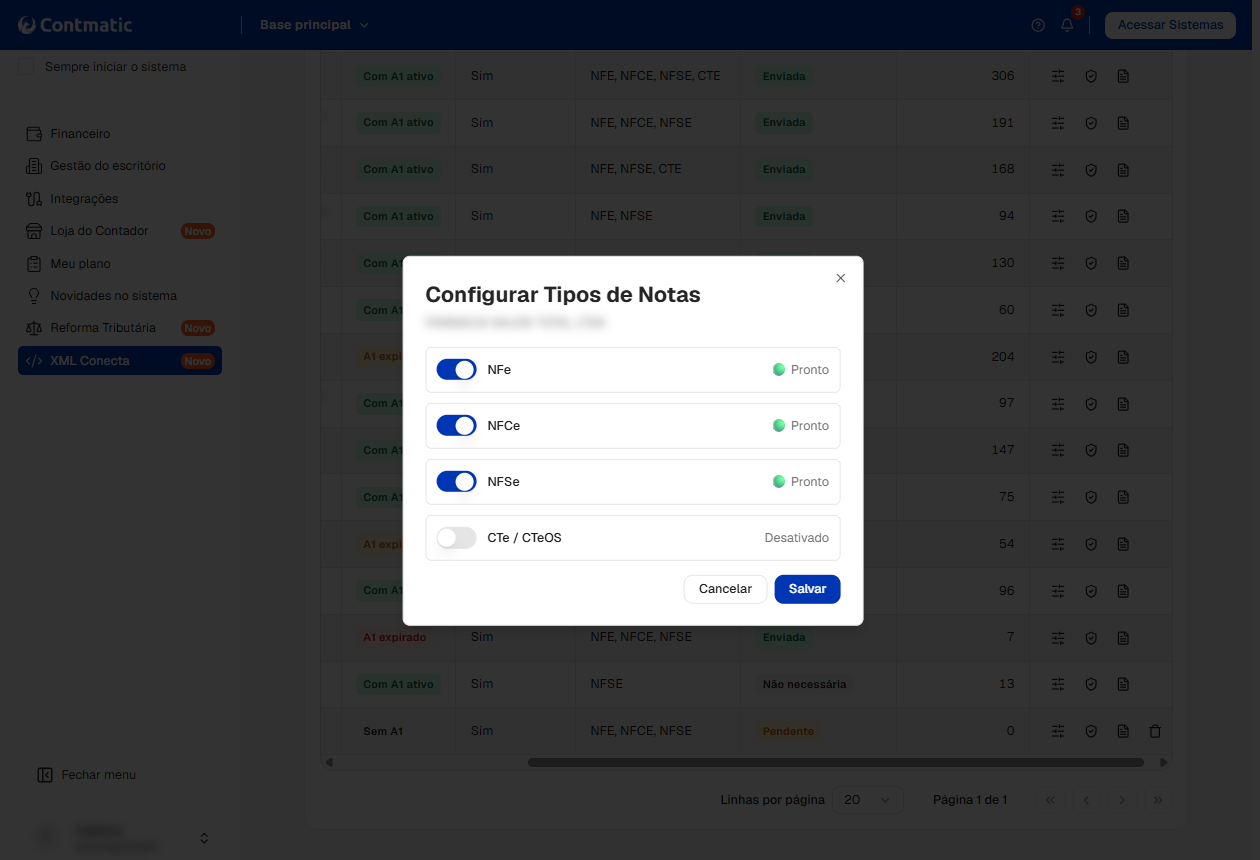 Janela modal "Configurar Tipos de Notas" no Contmatic XML Conecta, permitindo ativar ou desativar NFe, NFCe, NFSe e CTe.
