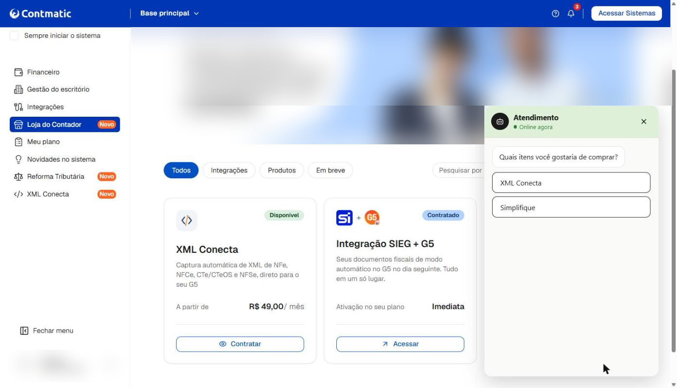 Janela de chat de atendimento aberta com opções de produtos para seleção na plataforma Contmatic.