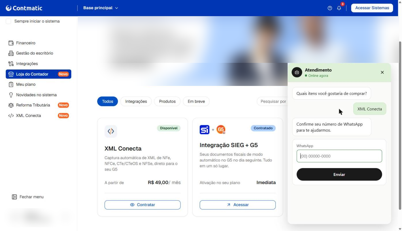 Chat de atendimento solicitando a confirmação do número de WhatsApp para contato na Contmatic.