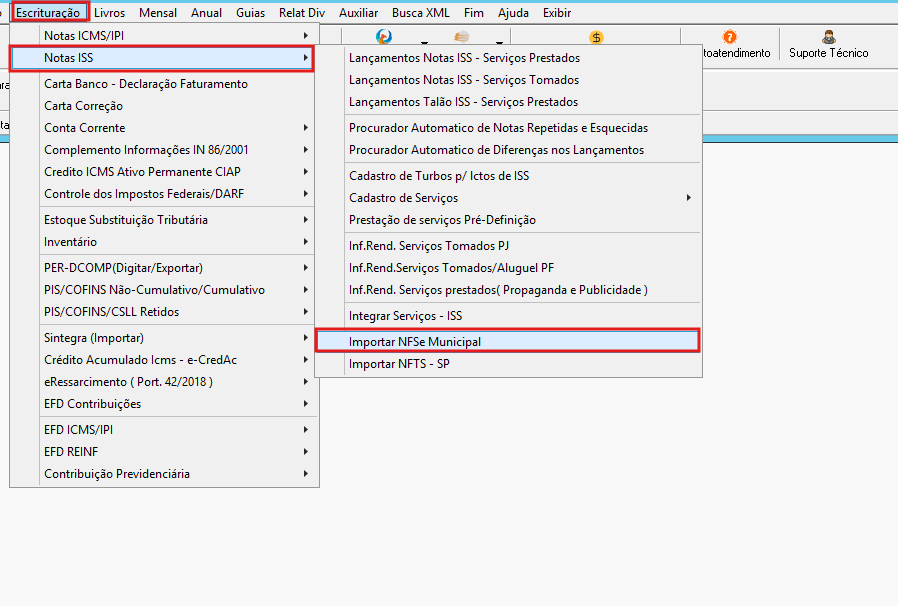 Menu Escrituração destacando Notas ISS e a opção Importar NFS-e Municipal no G5.