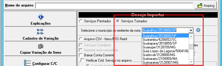 Destaque do campo Layout do município liberado para seleção em Serviços Tomados.