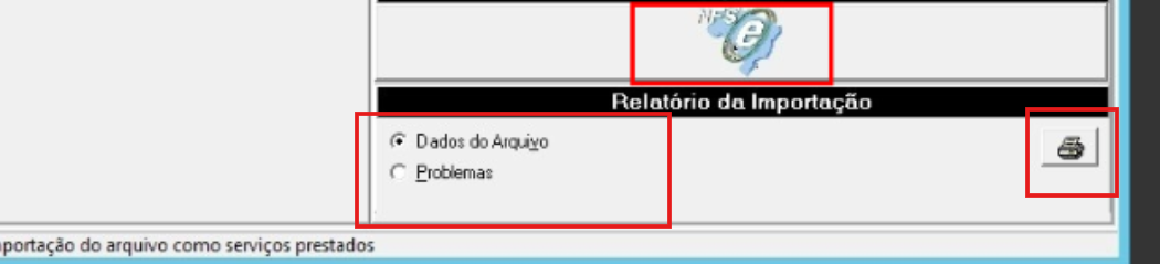 Botões Dados do arquivo e Problemas para conferência do resultado da importação.