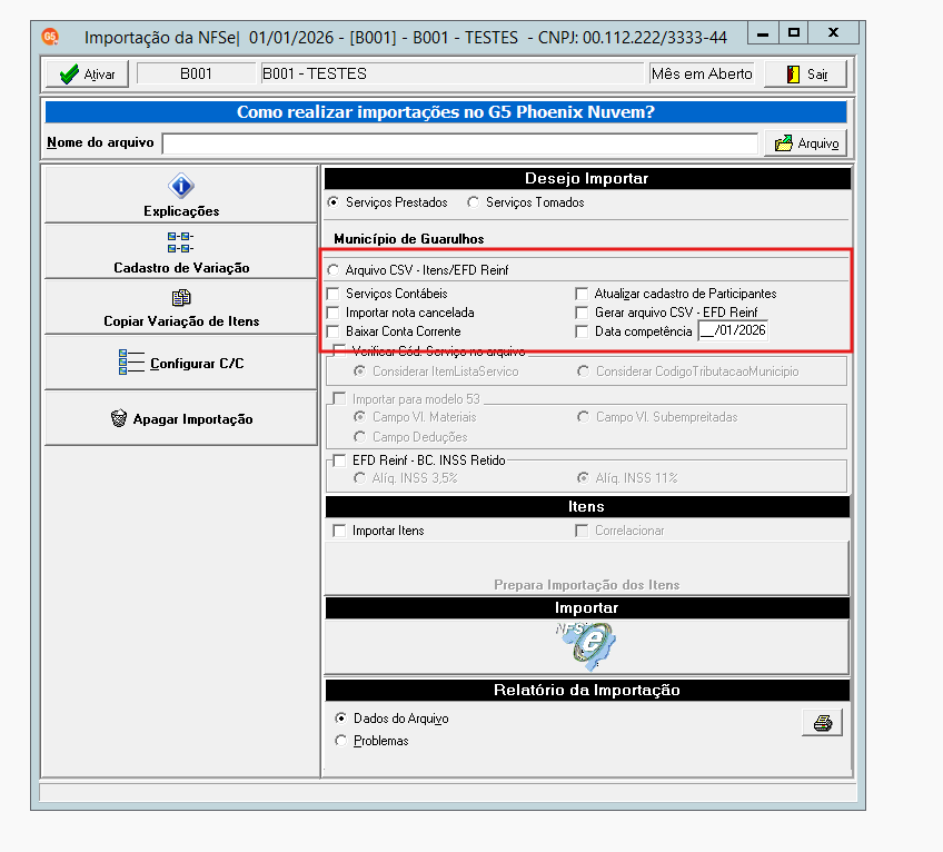 Tela inicial da rotina de importação de NFS-e Municipal com suas opções de configuração.