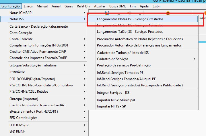 Caminho do menu Lançamento Notas ISS Serviços Prestados no G5