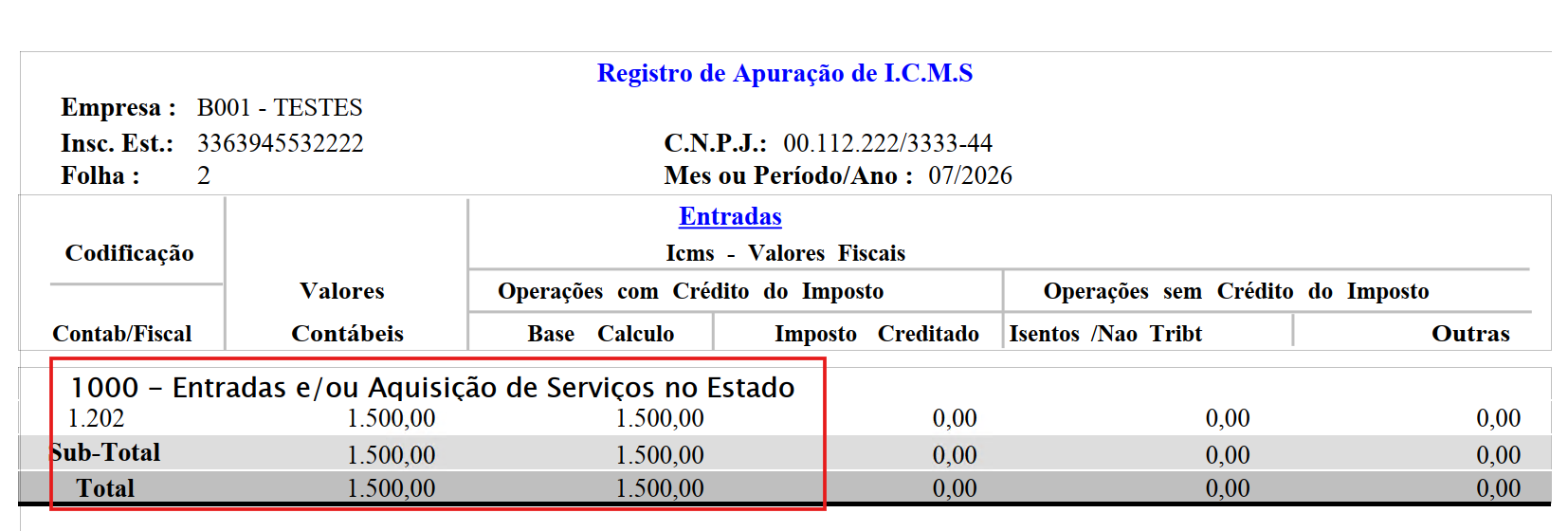Tela de Apuração do ICMS com destaque para Entradas