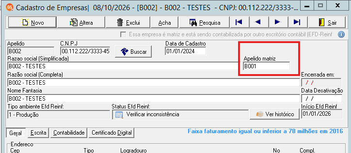 Exemplo de cadastro de empresa filial com apelido matriz preenchido