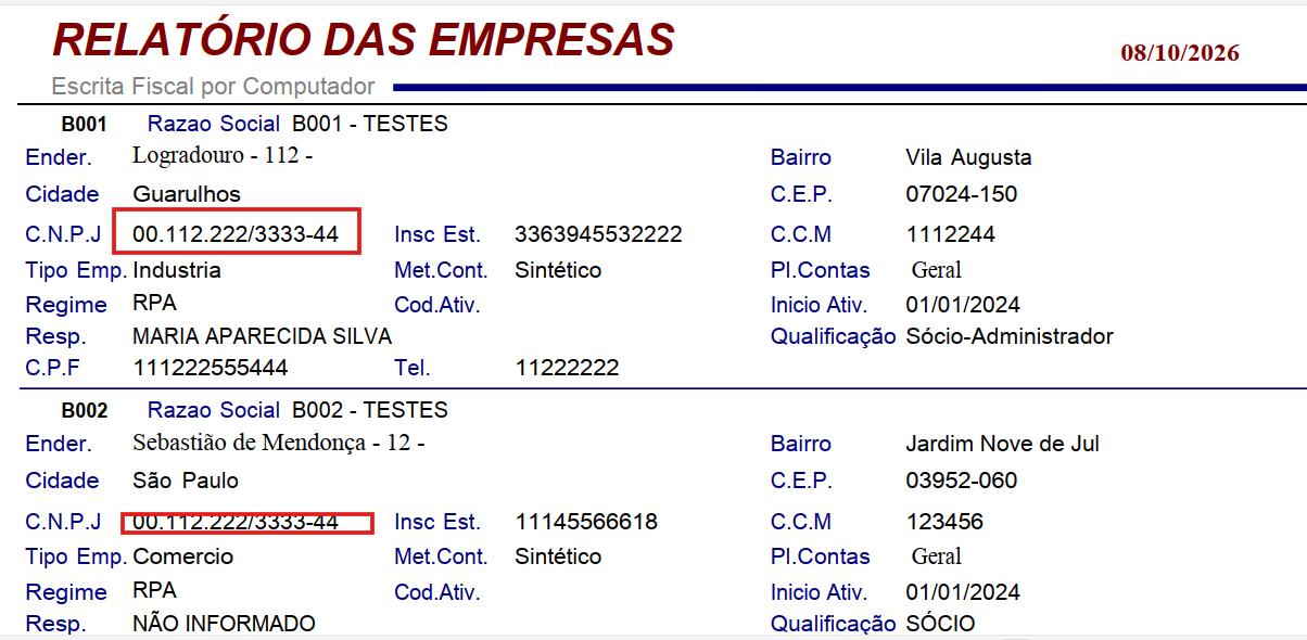 Relatório com listagem de empresas e CNPJs cadastrados