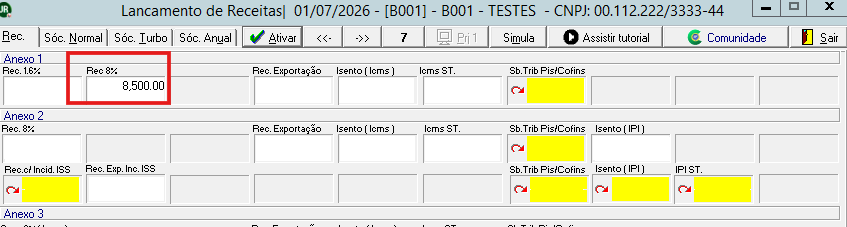 Tela DAS Receitas Sócios com atalho Ctrl M no sistema JR