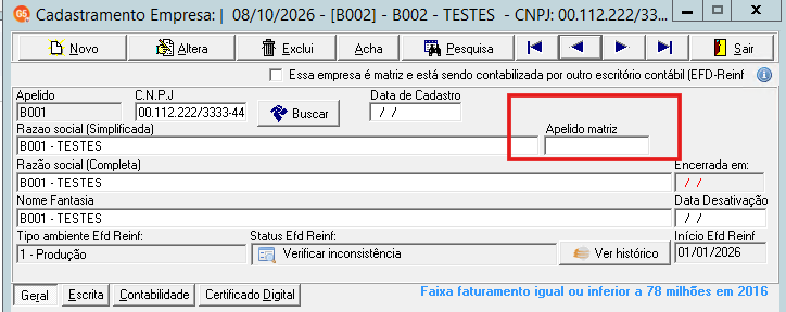 Exemplo de cadastro de empresa matriz sem apelido matriz