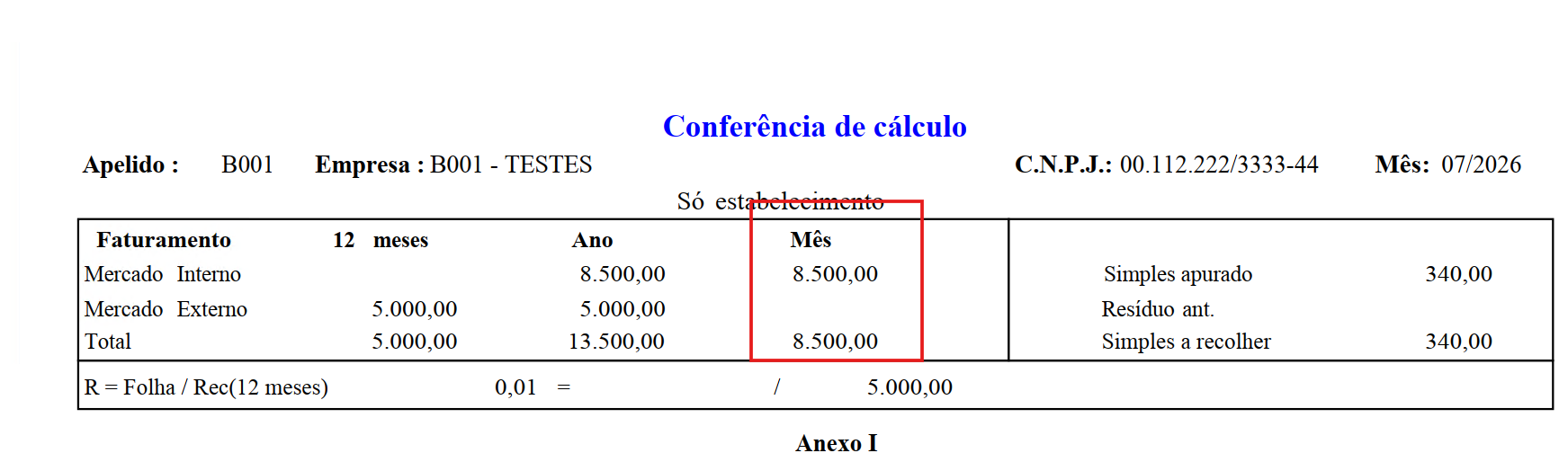 Relatório de Conferência de Cálculo do Simples Nacional no JR