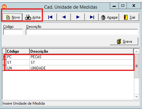 Tela de Cadastro de Unidade de Medidas