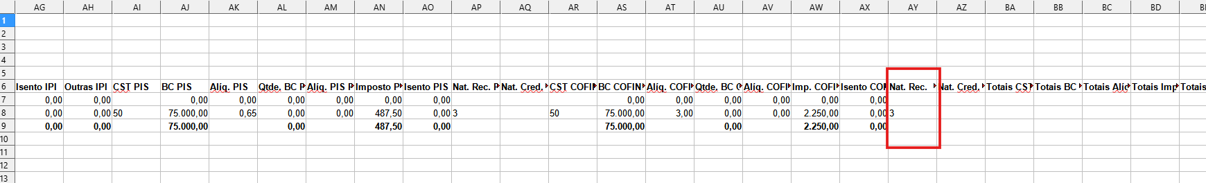 Relatório em Excel demonstrando a Natureza da Base de Cálculo do Crédito