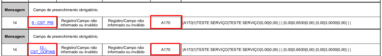 Erro de preenchimento obrigatório dos campos CST_PIS e CST_COFINS no registro A170 do PVA