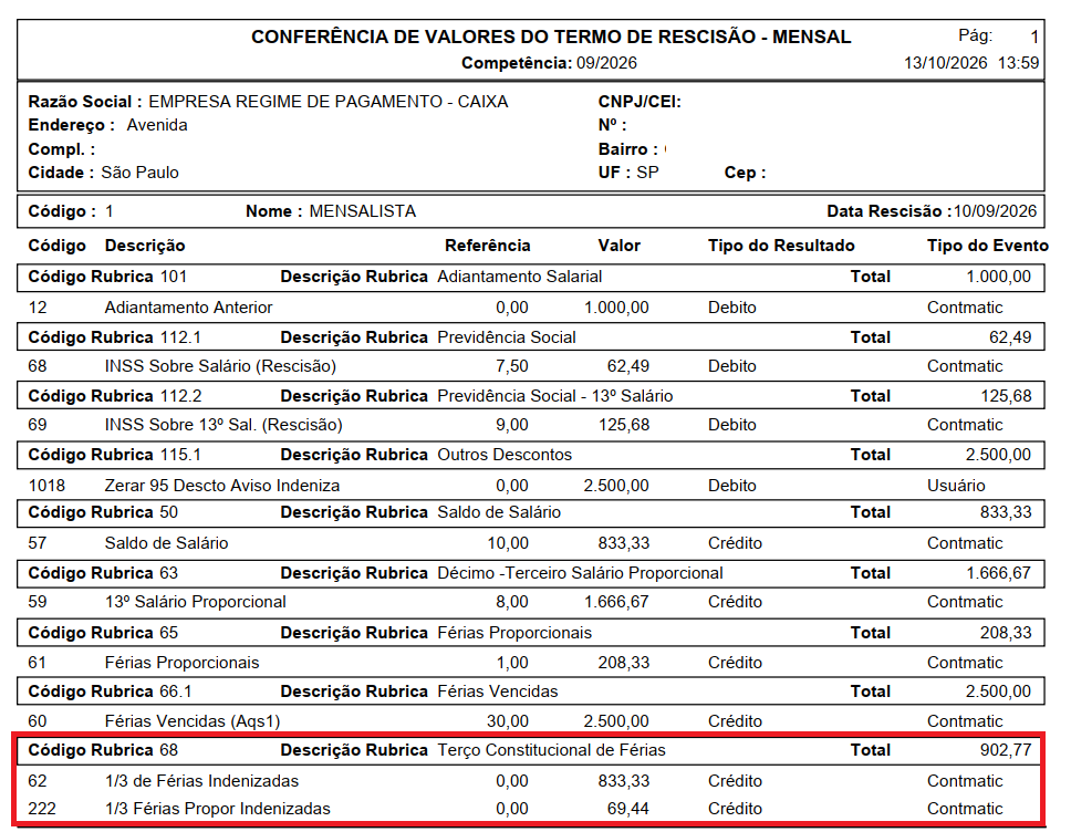 Relatório de conferência destacando códigos de rubricas e eventos associados