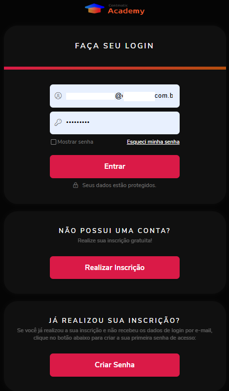 Tela de login da Contmatic Academy com campos de e-mail e senha