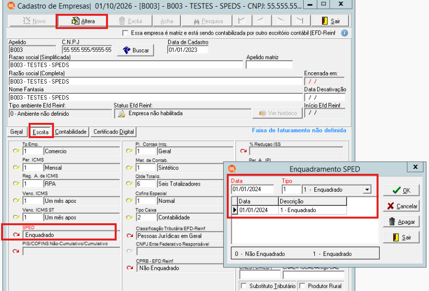 Configuração da data de início e tipo de enquadramento no SPED