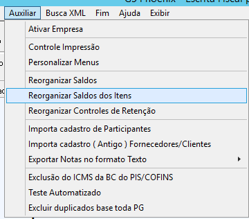 Menu Auxiliar Reorganizar Saldos dos Itens no G5