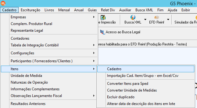 Acesso ao cadastro de itens no menu do G5