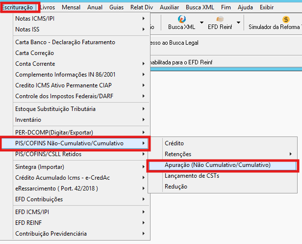 Tela de apuração do PIS/COFINS não cumulativo e cumulativo