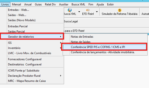 Menu do Gerador de Relatórios para Conferência SPED