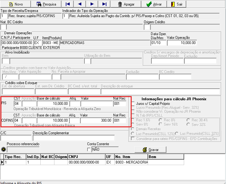 Tela de lançamentos de PIS/COFINS em demais documentos