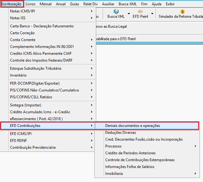 Caminho para o menu Demais Documentos da EFD-Contribuições no G5