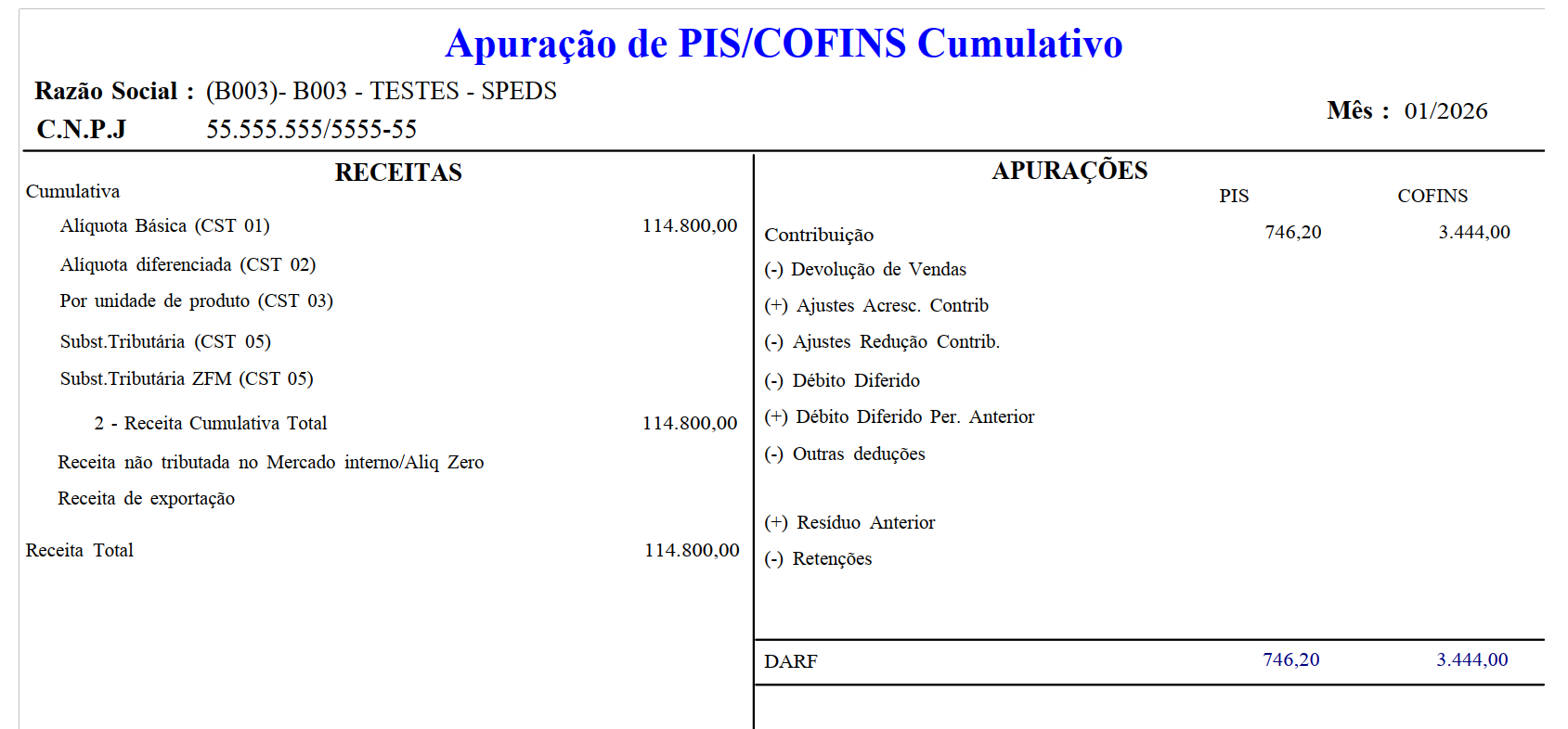 Relatório impresso da apuração mensal de PIS e COFINS